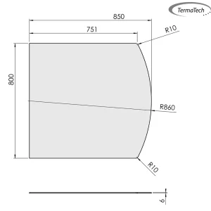 Lige med flad bue - 800x850 mm - 6 mm glas