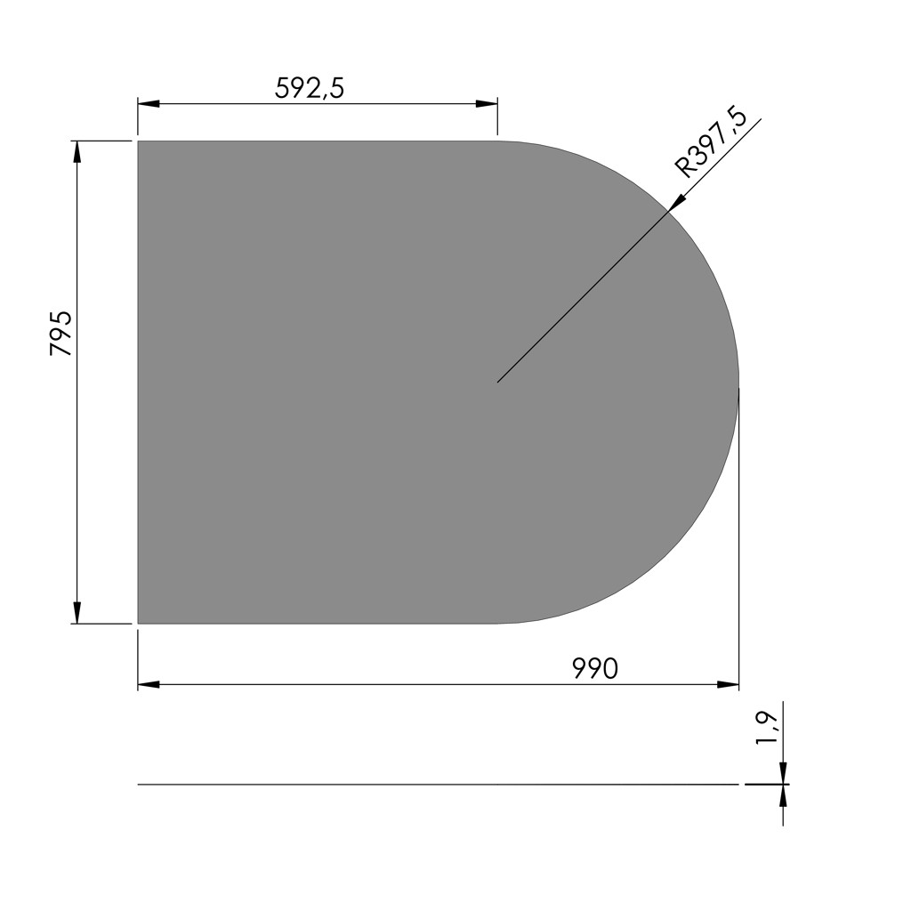 Lige med cirkelbue - 795x990 mm (Varianter: Grå stål)
